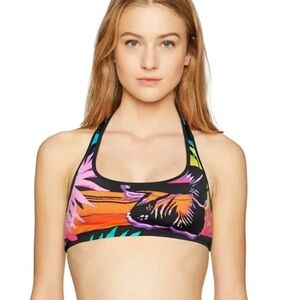 Coco Rave Black Floral Scoop Neck Racerback O-Ring Back Bikini Top Medium